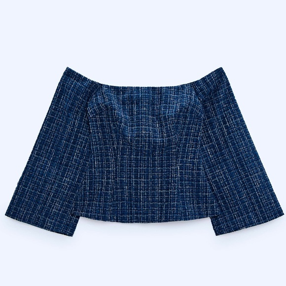 Zara NWT tweed off the shoulder peplum top - blue & black textured blouse - Picture 15 of 16